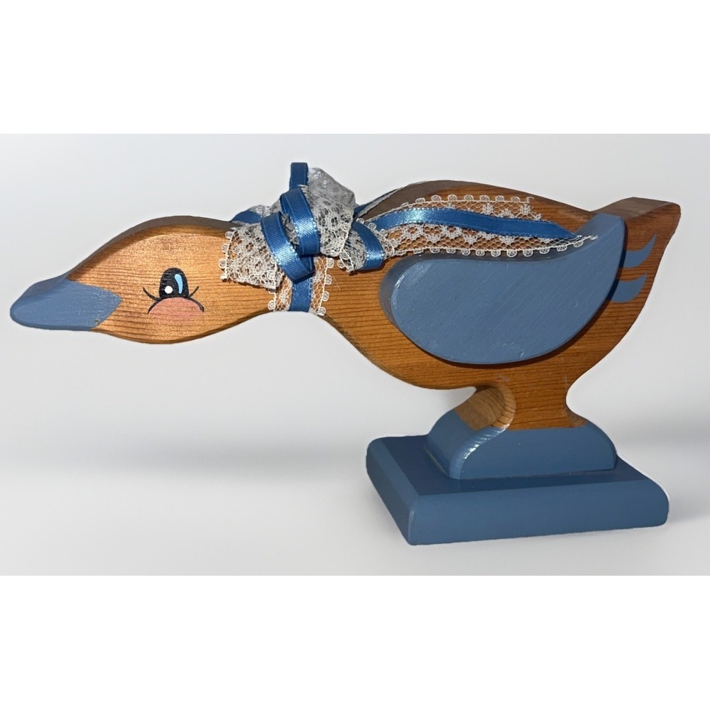 Handcrafted Wooden Goose Figurine Blue Painted Country Farmhouse Decor Vintage‎